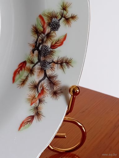 Japan. Япония.Тарелка. Костяной Фарфор. Кедровая ветка. Шишки. Диаметр 23 см