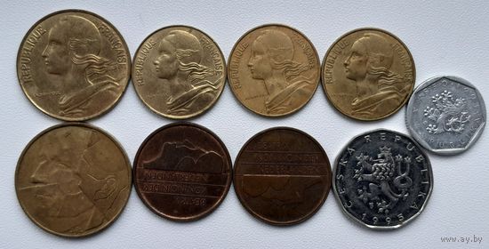 Монеты Франции, Бельгии, Чехии, Нидерландов 9 штук одним лотом.