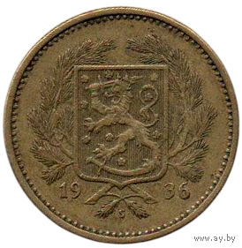 Финляндская Республика (Финляндия). 5 марок 1936 S. Нечастая (тираж 470000 шт.)