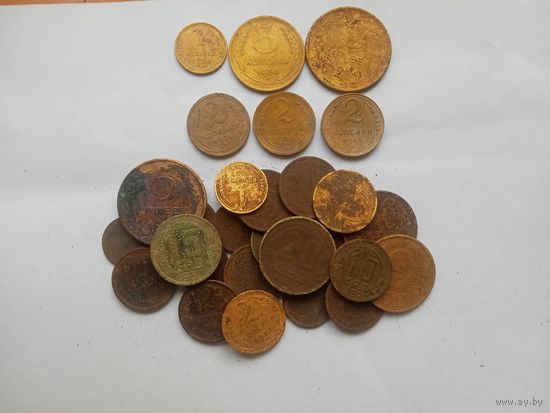 1, 3, 5 копеек 1954 года, 2 копейки 1926, 1929 и 1949 года + ещё более 20 монет