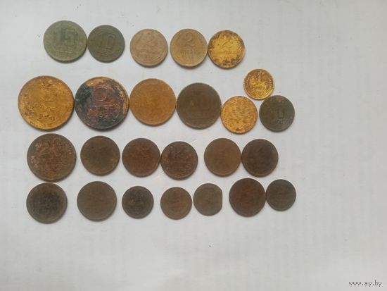15 копеек 1937, 10 копеек 1952, 20 копеек 1954, 2 копейки 1926, 2 копейки 1949 + ещё 20 монет