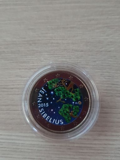 2 евро 2015 год, Финляндия Ян Сибелиус, ЦВЕТНАЯ   в капсуле, UNC