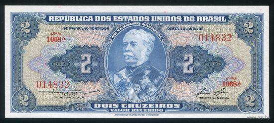 Бразилия 2 крузейро 1954 г. P151b. Серия 1068. UNC