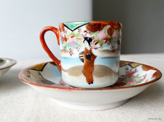Чайная кофейная пара шинуазри Япония 19 век тонкостенный фарфор мейдзи