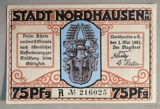 Германия, нотгельды, 75 пфеннигов 1921 год, Нордхаузен (Nordhauzen),
