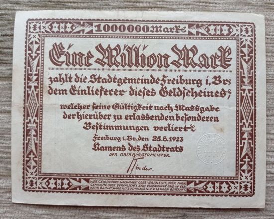Werty71 Германия Веймар 1000000 марок 1923  банкнота 1 миллион гроссгельд Фрайбург Брайсгау