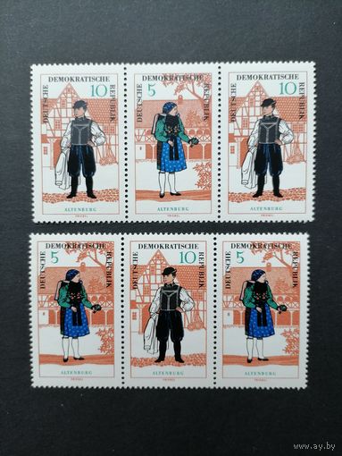 ГДР 1966 Две горизонтальные сцепки каждая из трех марок серии "Национальный костюм" (чистые**) Mi.1214-1215 каталог 3.00 евро