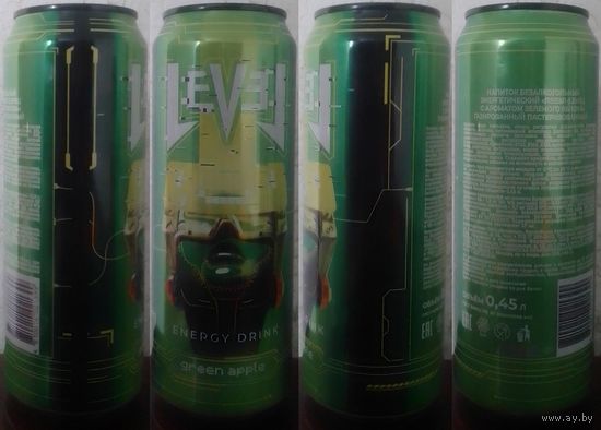 Банка от энергетика LEVEL Зеленое яблоко 2025.02.18 450мл (язычок сорван (Bec062