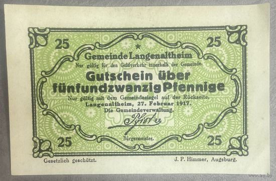 Нотгельд 25 пфеннигов 1917 год. Лангенальтхайм,. Веймарская республика
