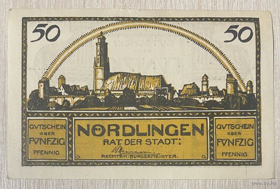 Пфенниги Нотгельд Нёрдлинген, 50 пфеннигов, 1921 год Веймарская республика.