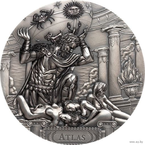RARE Острова Кука 20 долларов 2019г. "Титан Атлас(Атлант) и Геспериды". Монета в капсуле, подарочном футляре; номерной сертификат; коробка. СЕРЕБРО 93,30гр.(3 oz).