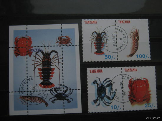Марки - фауна моря Танзания 1998г. крабы креветки, 4м. 1 блок