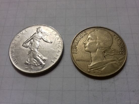 Франция 1 франк 1977 + 20 сантимов 1973 одним лотом