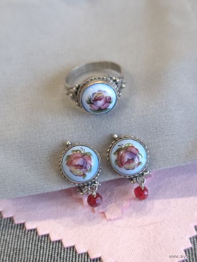 Серьги-клипсы и кольцо скань, цветочная финифть, винтаж, СССР, мельхиор
