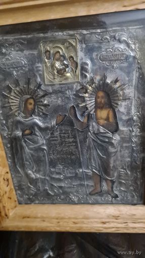 Икона  Св. ЕЛИЗАВЕТА  Св. ИОАНН КРЕСТИТЕЛЬ серебро 84 в киоте 19 век .