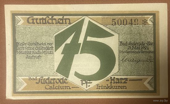 Нотгельд 75 пфеннигов 1921 год. Бад-Зудероде, Гарц. Веймарская республика