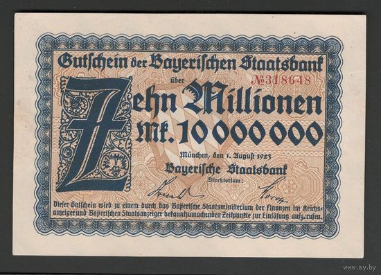 Германия Бавария 10 000 000 марок 1923 года. Состояние UNC!