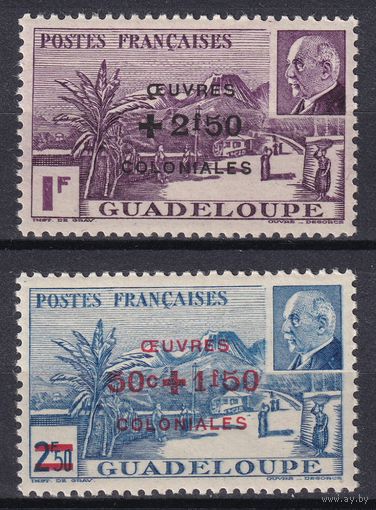 91.FrK.FrK. Франция. Колонии. Гваделупа. Маршал Петен. Надпечатка нового номинала. 1944 г. Полная серия. Mi.##181-182.