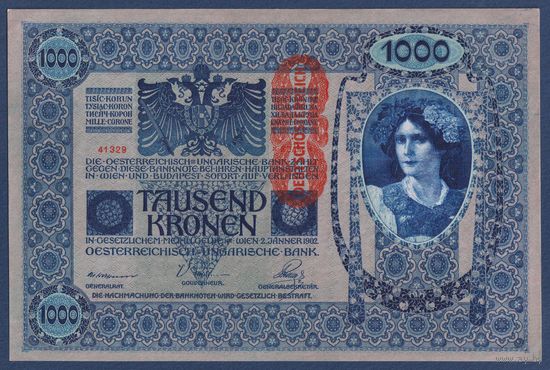 Австрия, 1000 крон 1902 (1919) г., P-59 (надпечатка DEUTSCHOSTERREICH), aUNC+