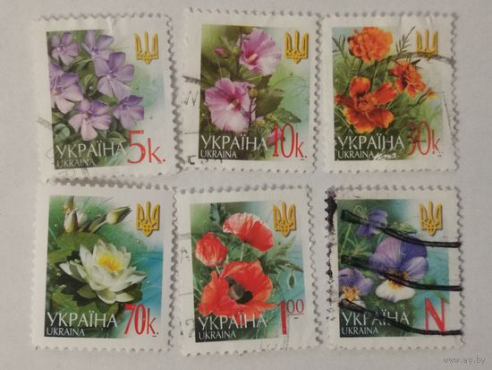 Шесть марок пятого и шестого стандартного выпуска 2006 года - Барвинок (Vinca), Мальва (Malva), Бархатцы (Tagetes), Кувшинка (Nymphaea alba), Мак (Papaver somniferum), Фиалка (Viola odorata)