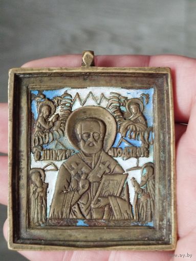 Шикарная меднолитая икона Николай Чудотворец,в эмалях