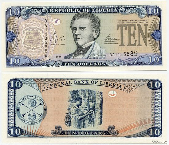 Либерия. 10 долларов (образца 2004 года, P27b, UNC)
