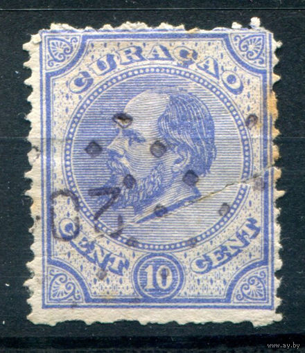 Нидерландские колонии - Кюрасао - 1876/89г. - король Вильгельм III, 10 с - 1 марка - гашёная с сильным повреждением справа. #3-WB-69-A-1