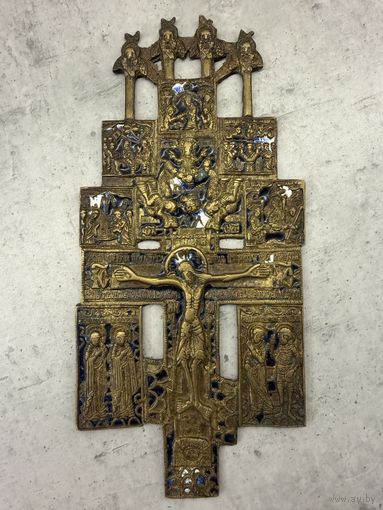 Крест "Распятие Христово с предстоящими и избранными иконами", навершие с херувимами, бронза, литье, эмали, Российская Империя, 1850-1890 гг. Распродажа коллекции!!!