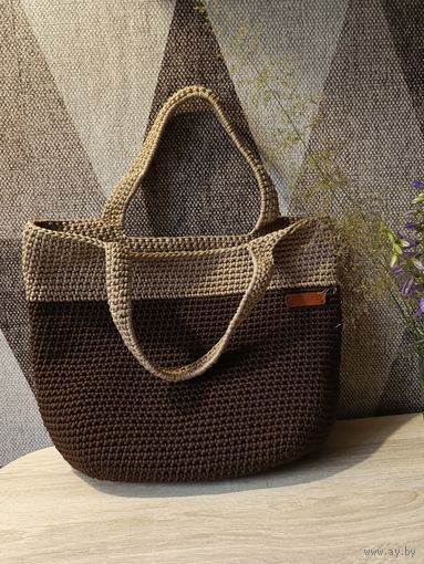 Сумка вязаная из плотного шнура, цвет шоколад+бежевый