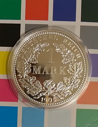 Германская империя 1 марка 1905 F серебро 925 Музейная копия  (РЕСТРАЙК 2017) в капсуле