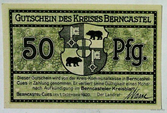 РАСПРОДАЖА!!! - ГЕРМАНИЯ БЕРНКАСТЕЛЬ (РЕЙНЛАНД-ПФАЛЬЦ) 50 пфеннигов 1920 год - UNC!