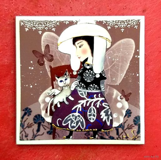 Плитка Керамическая * Изразец * Фея с Кошкой * Ручная Работа * 10 на 10 * PLAKART CERAMICS * Очень Красивая !