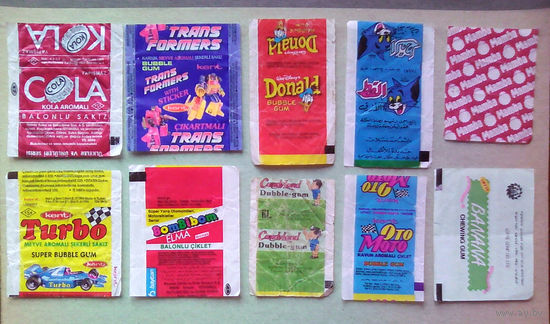 Обёртки (фантики) от жвачек (Turbo, Candyland, BomBibom ELMA, Mamba, Donald, Cola Cola, OtoMoto, Tom & Jerry Том и Джерри, Banana, Transformers трансформеры).