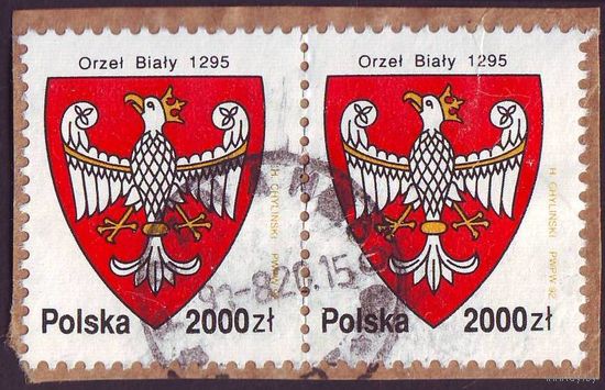 История белого орла, герба Польши 1992 год сцепка из 2-х марок на вырезке