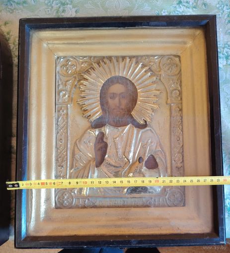 Икона Господь Вседержитель, 19 век! Оклад с Золочением! Киот. Подарочный вариант. С рубля, без мнц!