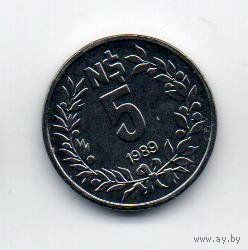 ВОСТОЧНАЯ  РЕСПУБЛИКА УРУГВАЙ  5 НОВЫХ ПЕСО  1989. UNC