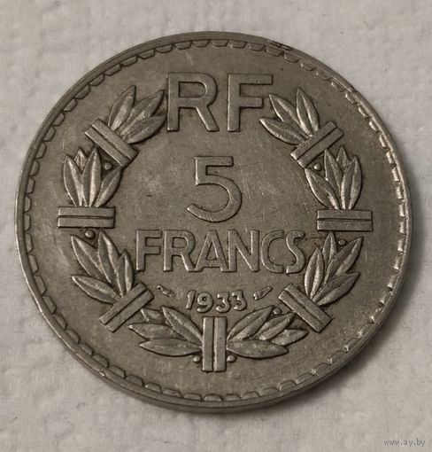 Франция 5 франков, 1933 Женское лицо обращено влево (2-7-93)
