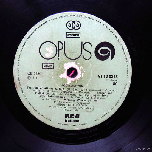 Винил Middle of the Road Acceleration RCA Opus Чехословакия 1973 Состояние диска приемлемое. Диск запилен хорошо. Может где и игла прыгает, фиг его знает. Конверт отсутствует