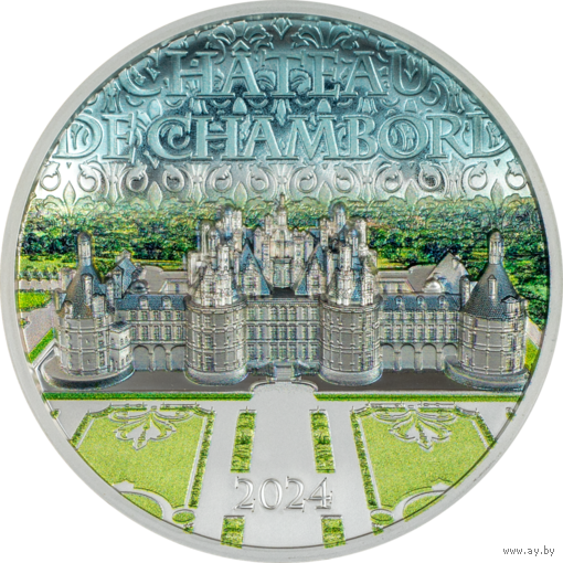 Острова Кука 10 долларов 2024г. "Замок Шамбор". Монета в капсуле; подарочной рамке - футляре; сертификат; коробка. СЕРЕБРО 62,20гр.(2 oz).