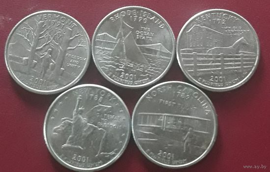 25 центов (квотер) 2001 Р США С.Каролина. Кентукки. Род Айленд. Вермонт. Нью Йорк