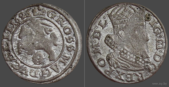 Речь Посполитая: Litva/ Литва и Польша, грош (м.д. Вильня)/ Grossus (Vilna) 1626 г., Rarity Level: R4 - Pahonia without shield/ Пагоня без щита, состояние XF, Жигимонт III/ Sigismund III