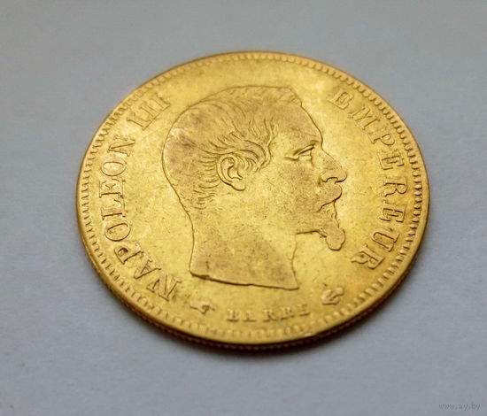 10 франков, Наполеон III, 1858 г., А, 900 проба, 19 мм., 3.20 гр. Уверенный оригинал. Хорошее состояние.