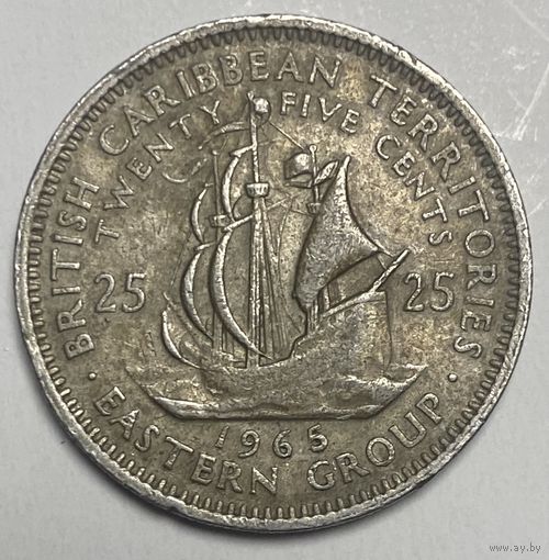 Монета 25 центов. 1965 год, Восточно-Карибские государства. Галеон "Золотая лань" сэра Френсиса Дрейка.