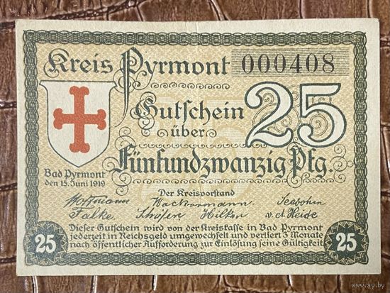 Нотгельд , 25 пфеннигов, ,Бад-Пирмонт 1919 год. Веймарская республика