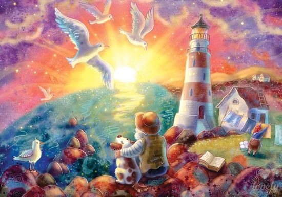 Открытка почтовая. Дедушка. Собачка. Море. Маяк. Лето. С днем отца! Худож. А.Столбова (чистая)