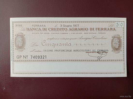Италия Банковский чек 50 лир 1977 UNC