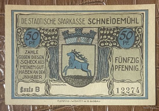 Нотгельд 50 пфеннигов 1920 год. Шнайдемюль,. Веймарская республика