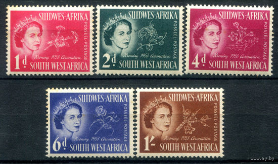 Британские колонии - Юго-Западная Африка - 1953г. - коронация королевы Елизаветы II - 5 марок - полная серия, MNH, 3 марки с маленькими жёлтыми пятнышками на зубчиках перфорации и клее [Mi 274-278]. #2-Bc-130-A-2