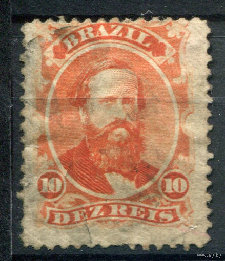 Бразильская Империя - 1866г. - император Педру II, 10 R - 1 марка - гашёная, повреждён правый нижний уголок [Mi 23]. #4-W1-131-A-2