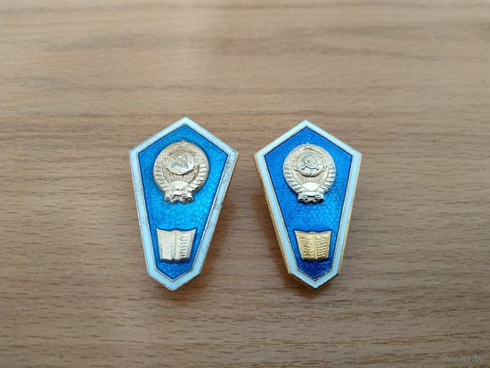 Две разновидности нагрудного знака "За окончание юридического техникума", лёгкие, одним лотом. СССР, вторая половина прошлого столетия.